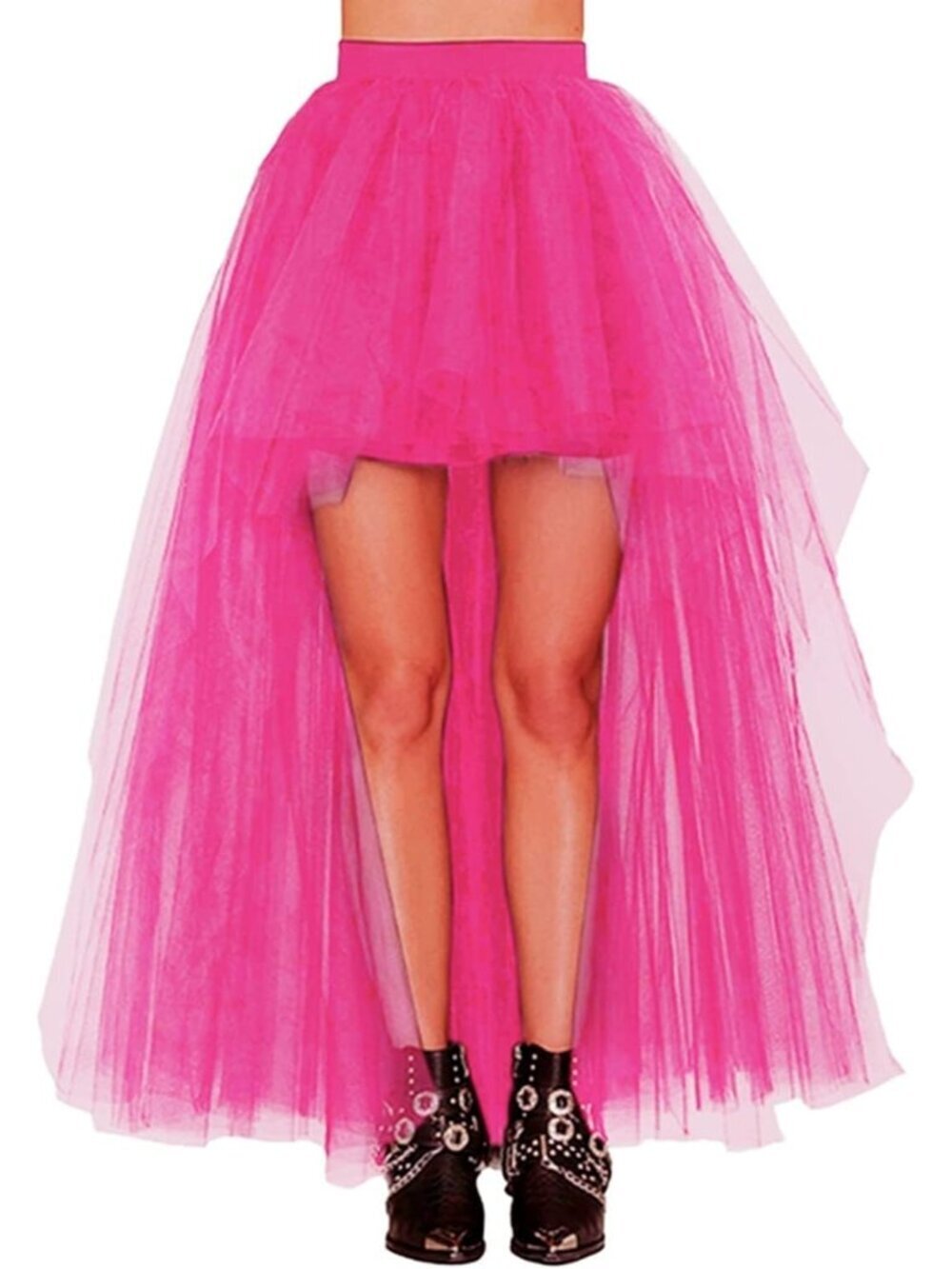 Women's Fuchsia Hi-Lo Long Tutu Tulle Bustle Elastic Imported Waist Skirt